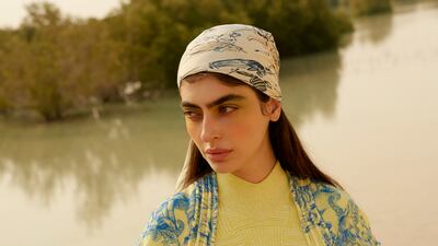 Long-sleeved top, price on request, Bottega Veneta. Dress, Dh14,355, Stella McCartney. Headscarf, stylist’s own