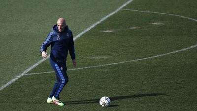 Real Madrid’s coach Zinedine Zidane attends a training session on March 7 ahead of their Uefa Champions League match against Roma on March 8. Andrea Comas / Reuters