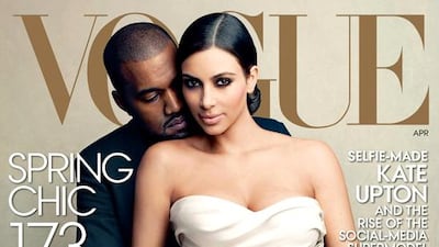 The cover of American Vogue's April issue features Kim Kardashian and Kanye West and Kim Kardashian. Courtesy Vogue