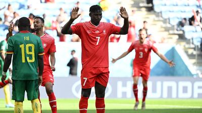 Switzerland's Breel Embolo after scoring the only goal of the game in their World Cup Group G win over Cameroon at the Al Janoub Stadium on November 24, 2022. AFP