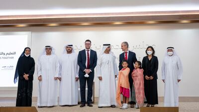 Sheikh Hamed bin Zayed, managing director of Abu Dhabi Investment Authority and Abu Dhabi Executive Council Member, fifth from left, after the lecture.