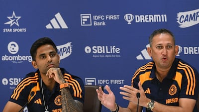India captain Suryakumar Yadav, left, and chief selector Ajit Agarkar. AFP