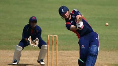 The England batsman Andrew Flintoff attempts another big hit on his way to his first century in over three years.