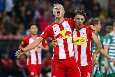 Erling Haaland, left, celebrates a goal with his then RB Salzburg teammate Dominik Szoboszlai in 2019. Getty