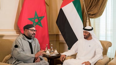 Sheikh Mohammed bin Zayed, Crown Prince of Abu Dhabi and Deputy Supreme Commander of the Armed Forces, meets with King Mohammed VI of Morocco at a Sea Palace barza. Mohammed Al Hammadi / Crown Prince Court - Abu Dhabi