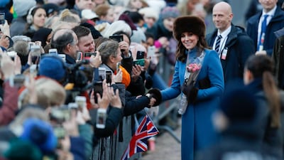 Britain's Kate Duchess of Cambridge is greeted by spectators in front of the Norwegian Royal Palace in Oslo, Norway. Cornelius Poppe / NTB scanpix via AP