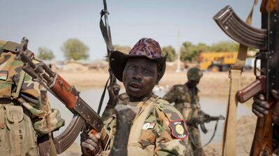 A South Sudanese government soldier chants in celebration after government forces two days earlier retook from rebel forces the provincial capital of Bentiu, in Unity State, South Sudan. AP Photo