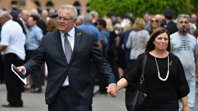 Australia's Prime Minister Scott Morrison and his wife Jenny attend the funeral for NSW RFS volunteer Andrew O'Dwyer at Our Lady of Victories Catholic Church in Horsley Park, Sydney. EPA