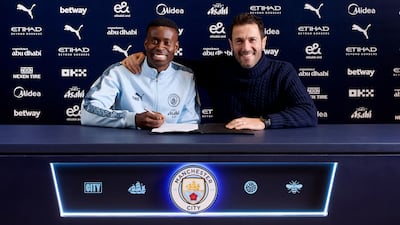Manchester City new boy Marc Guehi with director of football Hugo Viana. Photo: Manchester City