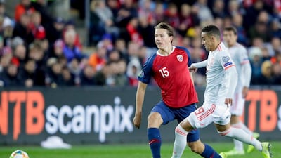 Norway's Sander Berge (L) fights for the ball against Spain's Rodrigo Moreno during the UEFA EURO 2020 qualifying Group F soccer match between Norway and Spain at Ullevaal Stadium in Oslo, Norway. EPA