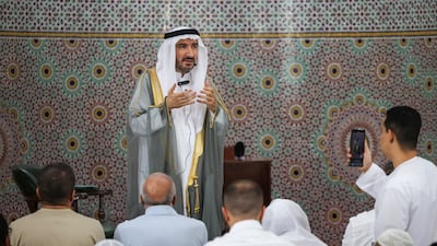 Sheikh Dr Fares Al Mustafa, religious and cultural affairs adviser, imam at Omar Bin Al Khattab Mosque, addresses the prayer gathering