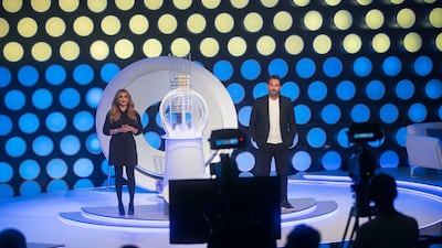 Hosts of the weekly Mahzooz draw at Studio City in Dubai. Ruel Pableo / The National