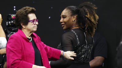 Serena Williams is greeted by Billie Jean King at the US Open. AFP