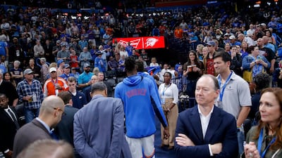 Oklahoma City players leave the court before an NBA game against the Utah Jazz was postponed in Oklahoma City. AP Photo