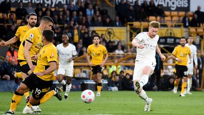 Manchester City's Kevin De Bruyne scores their third goal. Reuters