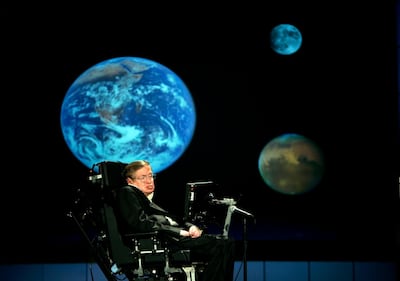 Professor Stephen Hawking delivers a speech entitled 'Why We Should Go Into Space' at the The George Washington University in Washington, DC, US, on April 21, 2008. Stefan Zaklin / EPA