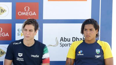 Rachele Bruni, left, and Ana Marcela Cunha at the pre-race conference. Courtesy Abu Dhabi Sports Council
