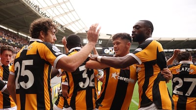 Semi Ajayi, right, celebrates scoring for Hull City. Reuters