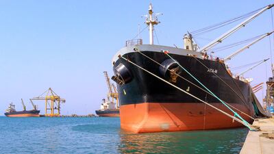 The Panama-flagged bulk carrier 'ATA-M' moored at the Red Sea port of Hodeidah in western Yemen. AFP