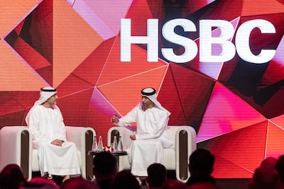 Dr Thani Al Zeyoudi, Minister of Foreign Trade, in discussion with Mohamed Al Marzooqi, chief executive of HSBC UAE at the bank's Future Forum in Dubai. Antonie Robertson / The National