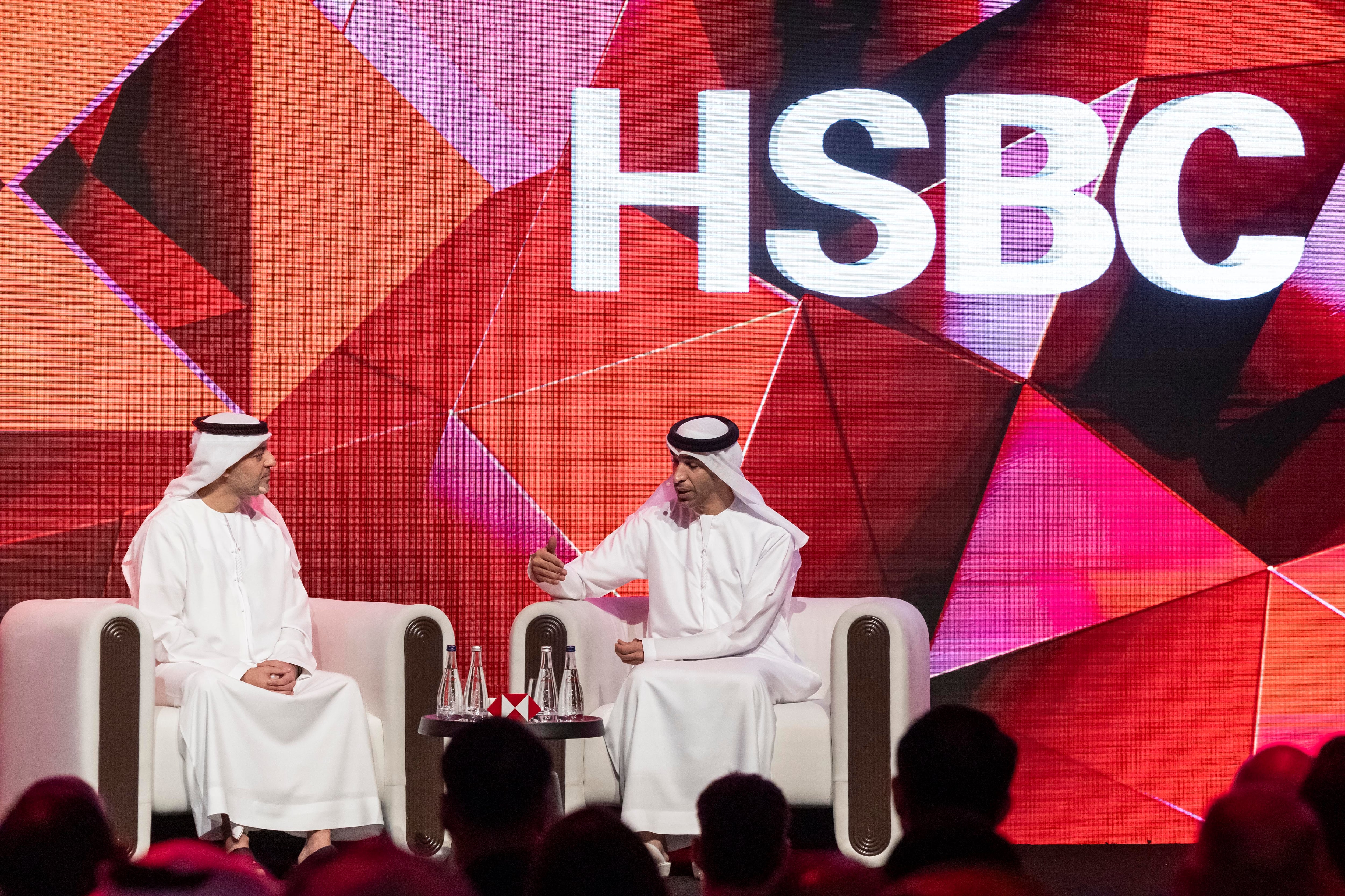 Dr Thani Al Zeyoudi, Minister of Foreign Trade, in discussion with Mohamed Al Marzooqi, chief executive of HSBC UAE at the bank's Future Forum in Dubai. Antonie Robertson / The National