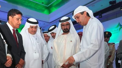 Sheikh Mohammed bin Rashid, Vice President and Ruler of Dubai, tours the exhibitions at Dubai Health Forum on Monday. Wam