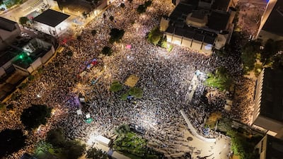 A drone photo of Israelis attending a rally in Tel Aviv, Israel, October 24, 2026. Reuters
