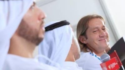 Former Real Madrid player Michel Salgado, right, speaks during a press conference to announce the confirmationof the Spanish football legend as the Director of Football at the Dubai Sports City Football Academy on Wednesday. Photo courtesy of Oliver Clarke