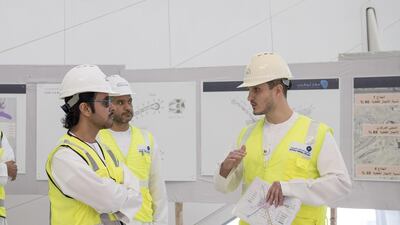 Sheikh Hazza bin Zayed, Deputy Chairman of the Abu Dhabi Executive Council, is shown plans for the Midfield Terminal Building during his visit at Abu Dhabi International Airport. Wam