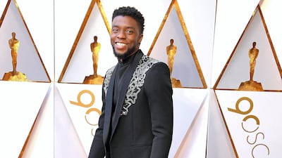 2018: Chadwick Boseman wears black Givenchy with silver detailing at the 90th Annual Academy Awards on March 4, 2018. WireImage