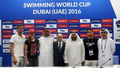 Chad le Clos, Katinka Hosszu, Ahmed Abudlla Al Falasi, Fina Bureau Member / UAE Swimming Federation, Dr Julio Cesar Maglione, Fina President, Ghazi, Al Madani, Sports Tourism Manager, Dubai Sports Council, Mohamed Almheiri, Abdulla Al Weheibi, General Secretary, UAE Swimming Federation. Courtesy Fina