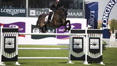 Sheikha Latifa bint Ahmed riding Peanuts de Beaufour at the President of the UAE Showjumping Cup on February 21, 2015. Courtesy Shamela Hanley