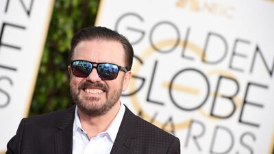 Ricky Gervais arrives at the 73rd annual Golden Globe Awards at the Beverly Hilton Hotel in Beverly Hills, California. Valerie Macon / AFP Photo