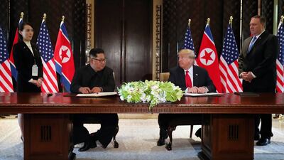 US president Donald Trump and North Korea leader Kim Jong-un look at each other before signing documents that acknowledge the progress of the talks and pledge to keep momentum going, after their summit. Jonathan Ernst / Reuters