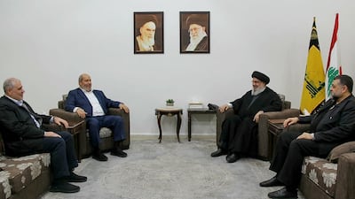 Hassan Nasrallah receives a Hamas delegation led by Khalil Al Hayya in Lebanon in July 2024. AFP