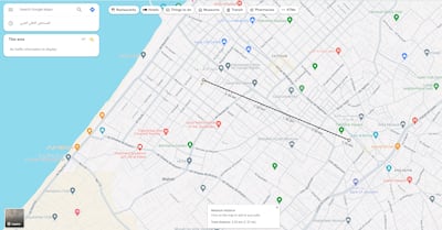 The distance from Al Ahli Arab hospital to Al Fares Station where the vehicle containing Hind and her family was parked. Photo: Google