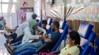 People queue to donate blood in Marrakesh. EPA