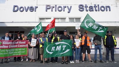 The picket line outside Dover Priory Station, in Kent, south-east England, as members of the RMT union begin their nationwide strike. PA