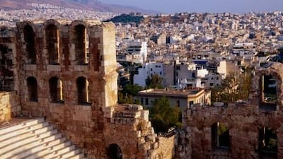 The Theatre of Herodes Atticus at the Acropolis overlooks the city of Athens.