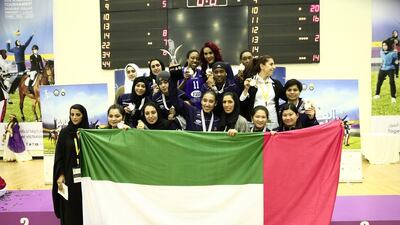 Group photo of the Sharjah Ladies Club team during the coronation after the final basketball game with the Jordanian Orthodox Club. Arab Women Sports Tournament 2016. Photo Courtesy: NNCPR