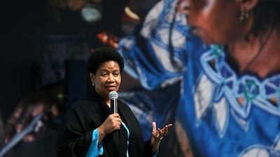 Dr Phumzile Mlambo-Ngucka, UN Women executive director, speaks on Thursday in Sharjah. Satish Kumar / The National