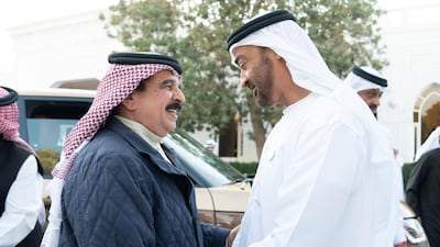 Sheikh Mohamed bin Zayed, Crown Prince of Abu Dhabi and Deputy Supreme Commander of the UAE Armed Forces (right) receives King Hamad bin Isa Al Khalifa, King of Bahrain, during a Sea Palace barza. Rashed Al Mansoori / Ministry of Presidential Affairs