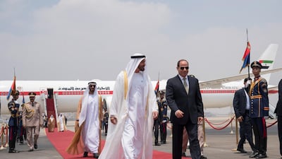 Sheikh Mohamed bin Zayed, arrives in Cairo and is received by Mr Sisi. Seen with Sheikh Nahyan bin Zayed. Mohammed Al Hammadi / Crown Prince Court - Abu Dhabi