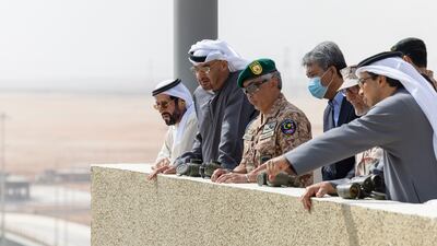 Sheikh Mohamed and Sultan Abdullah watch proceedings with Sheikh Mansour bin Zayed, Deputy Prime Minister and Minister of the Presidential Court, Sheikh Tahnoun bin Mohammed, the Ruler's Representative in Al Ain, and Lt Gen Al Mazrouei