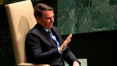 Jair Bolsonaro, President of Brazil waits to speak at the 74th session of the United Nations General Assembly September 24, 2019, in New York. AFP