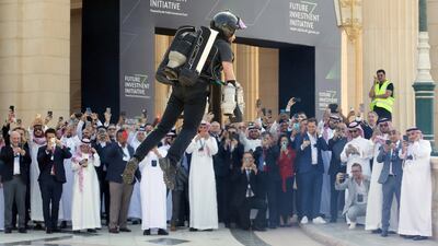 British inventor Richard Browning displays his jet pack technology at the third Future Investment Initiative forum in Riyadh in Occtober 2019. The fourth FII summit has been postponed until January 2021. AP Photo