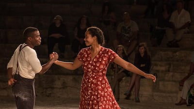 Ladi Emeruwa (Hamlet) and Amanda Wilkin (Ophelia) in Shakespeare’s Globe Theatre’s production of Globe to Globe Hamlet at Kourion Amphitheatre in Cyprus. Photo by Helena Miscioscia