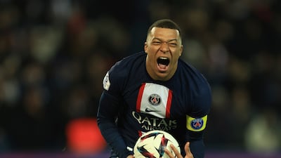 Kylian Mbappe celebrates after scoring for PSG in Ligue 1 earlier this season. AP