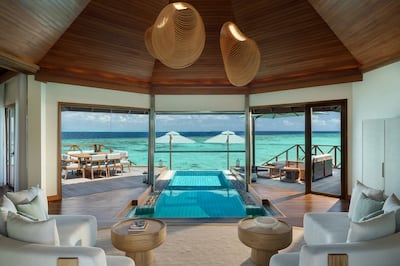The resort’s two-bedroom Ocean Pavilion comes with an outdoor infinity pool. Photo: Huvafen Fushi