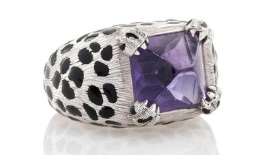 The amethyst and enamel Leopard ring by Christian Dior is one of the many pieces currently being auctioned off (Courtesy: Christie's)